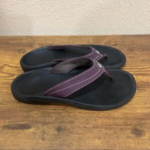 OluKai Sandals Womens Brown Slip On Thong Flip Flops Slides Ohana Leather Sz ??